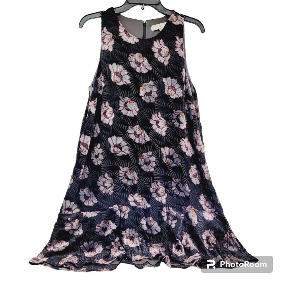 * Loft medium Floral Velvet Sleeveless ruffle hemline lined silver black pink